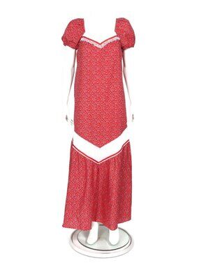 Vtg Mako Hawaii Lace Mu’u Mu’u Maxi Dress Size S/M Cap Sleeves Red White  /875